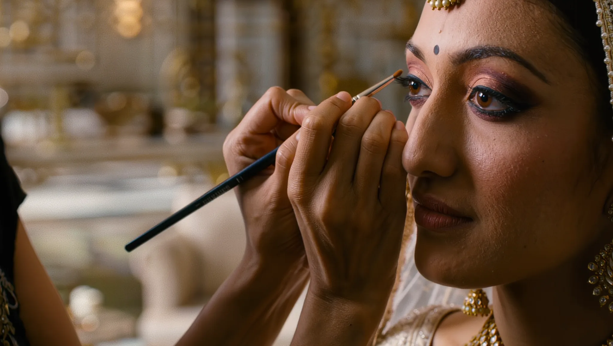 A makeup artist perfecting a bride's eye makeup at NJS