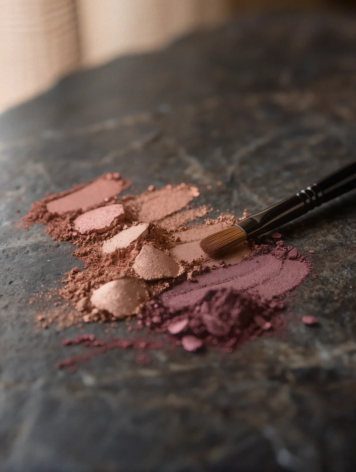 Rose-gold eyeshadow pigment and a makeup brush