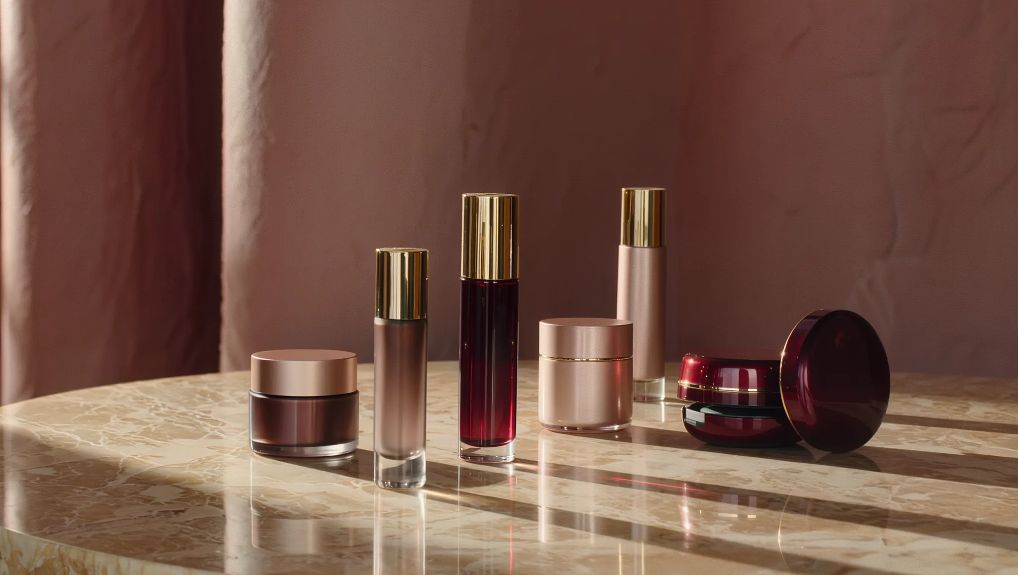 Premium skincare and cosmetics in soft morning light