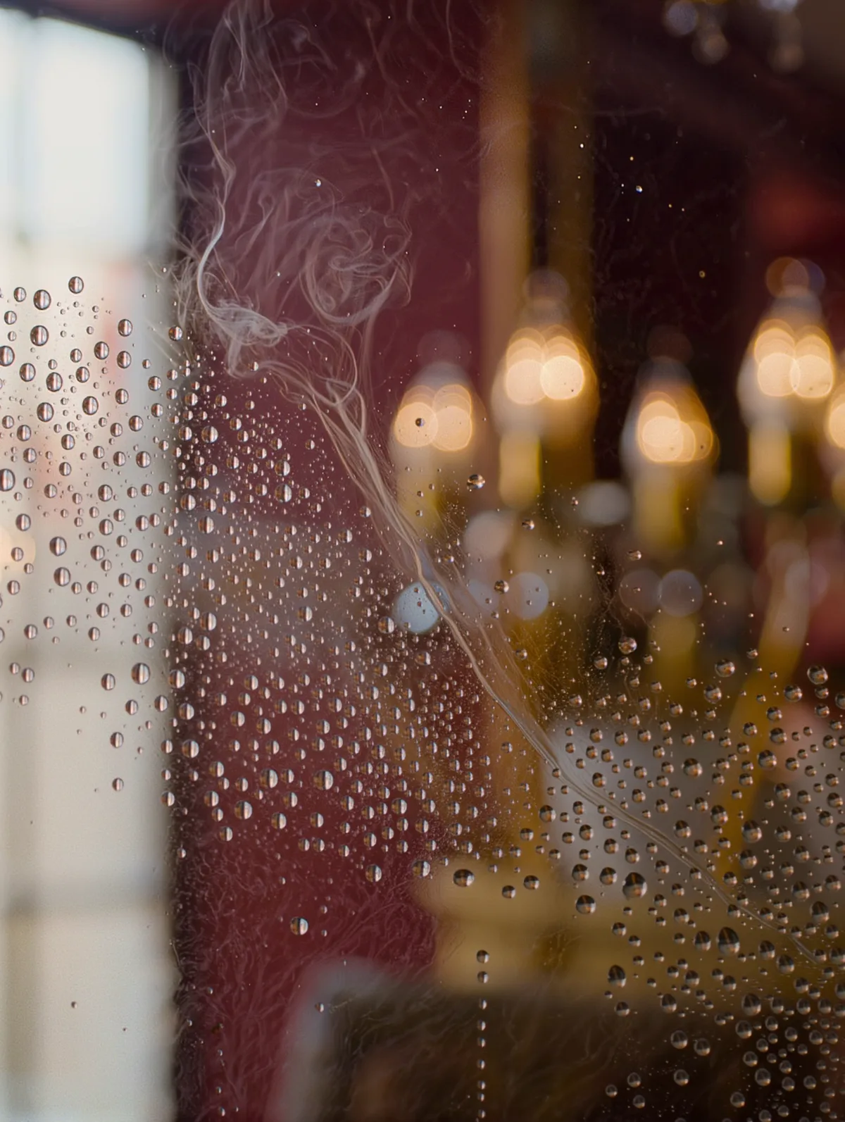 Water droplets and steam on warm glass