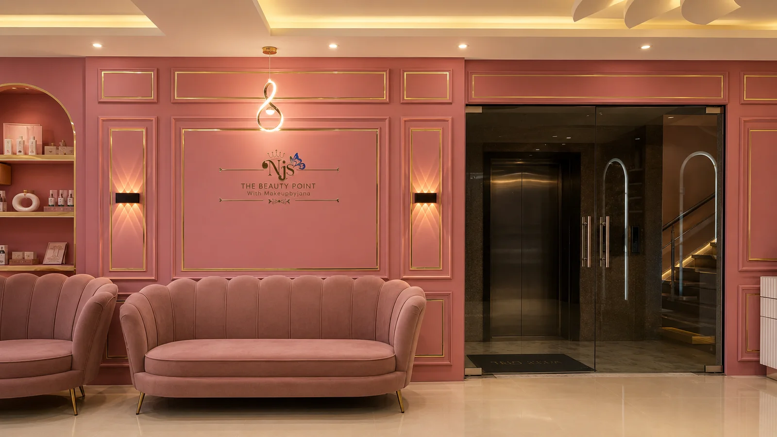 The rose and gold reception lounge inside NJS – The Beauty Point