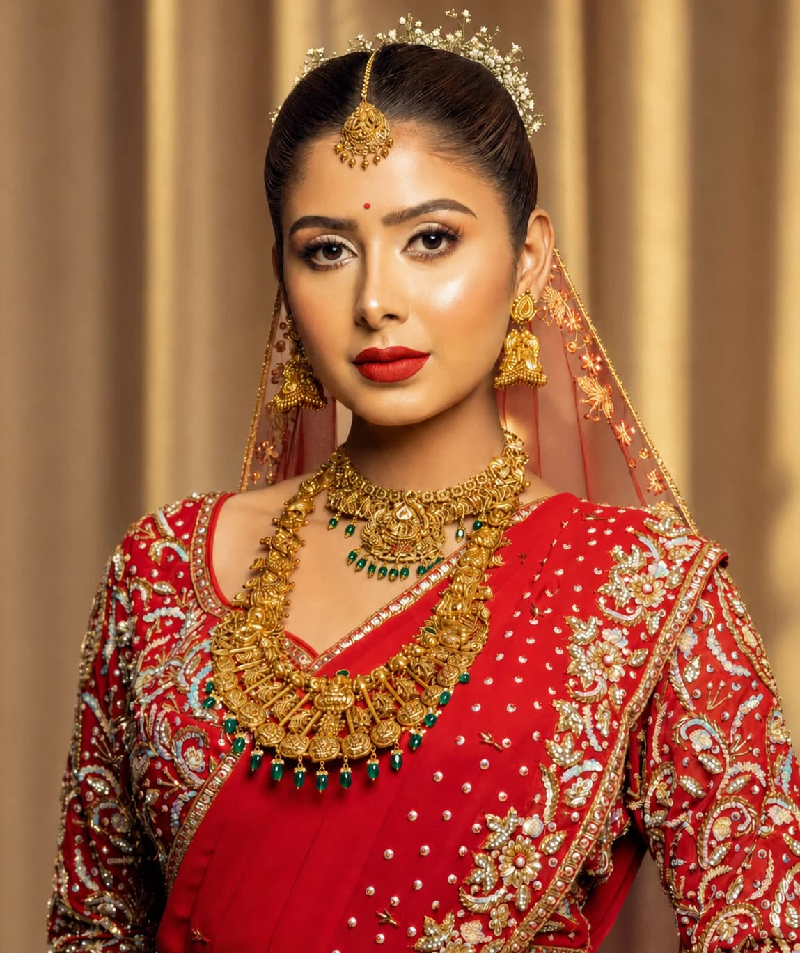 A bride in a red lehenga with gold jewellery, complete bridal look by NJS
