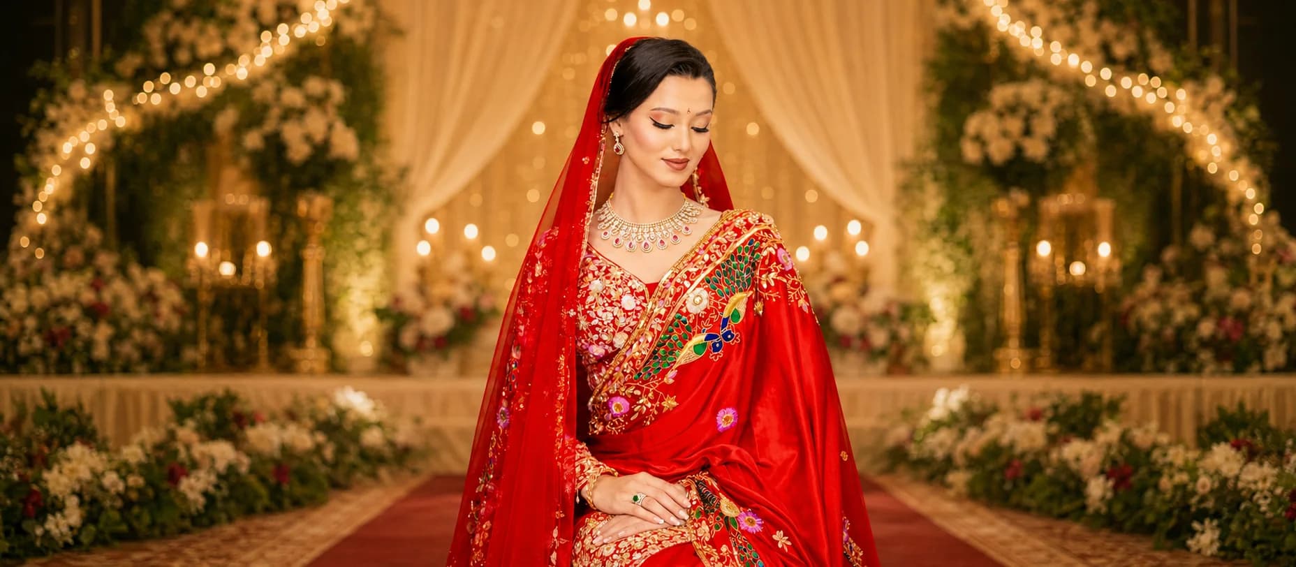 A bride in a red saree and veil under a lit mandap, bridal makeup by NJS