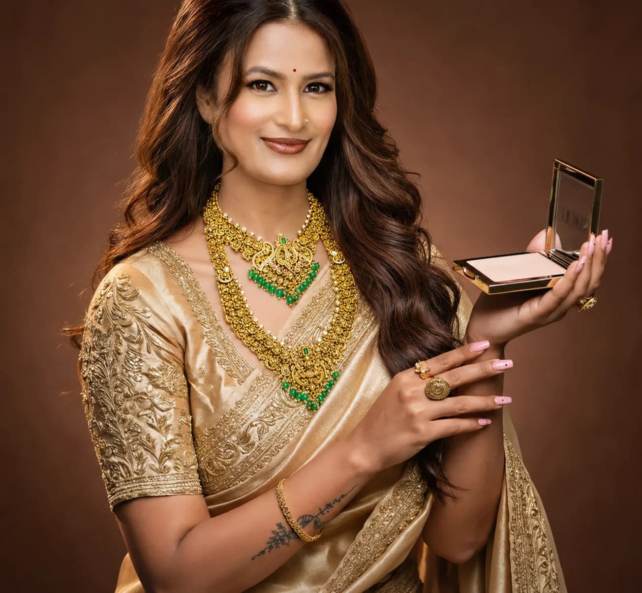 Janu in a gold saree and emerald jewellery, holding an open compact