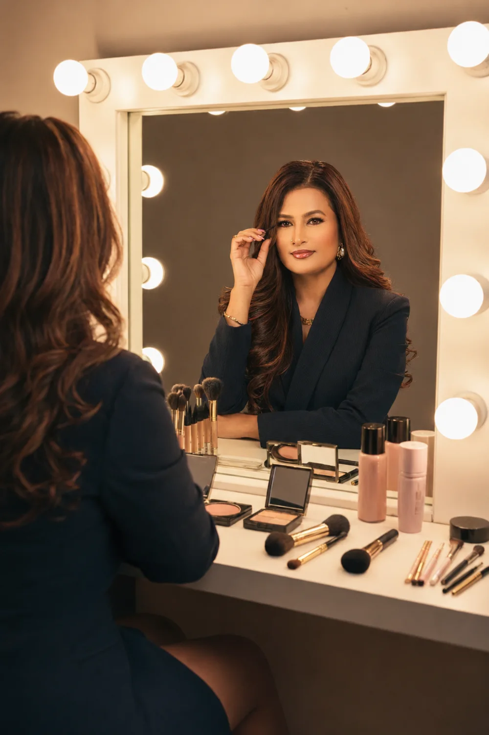Janu at a lit dressing-room mirror, her reflection looking back at her