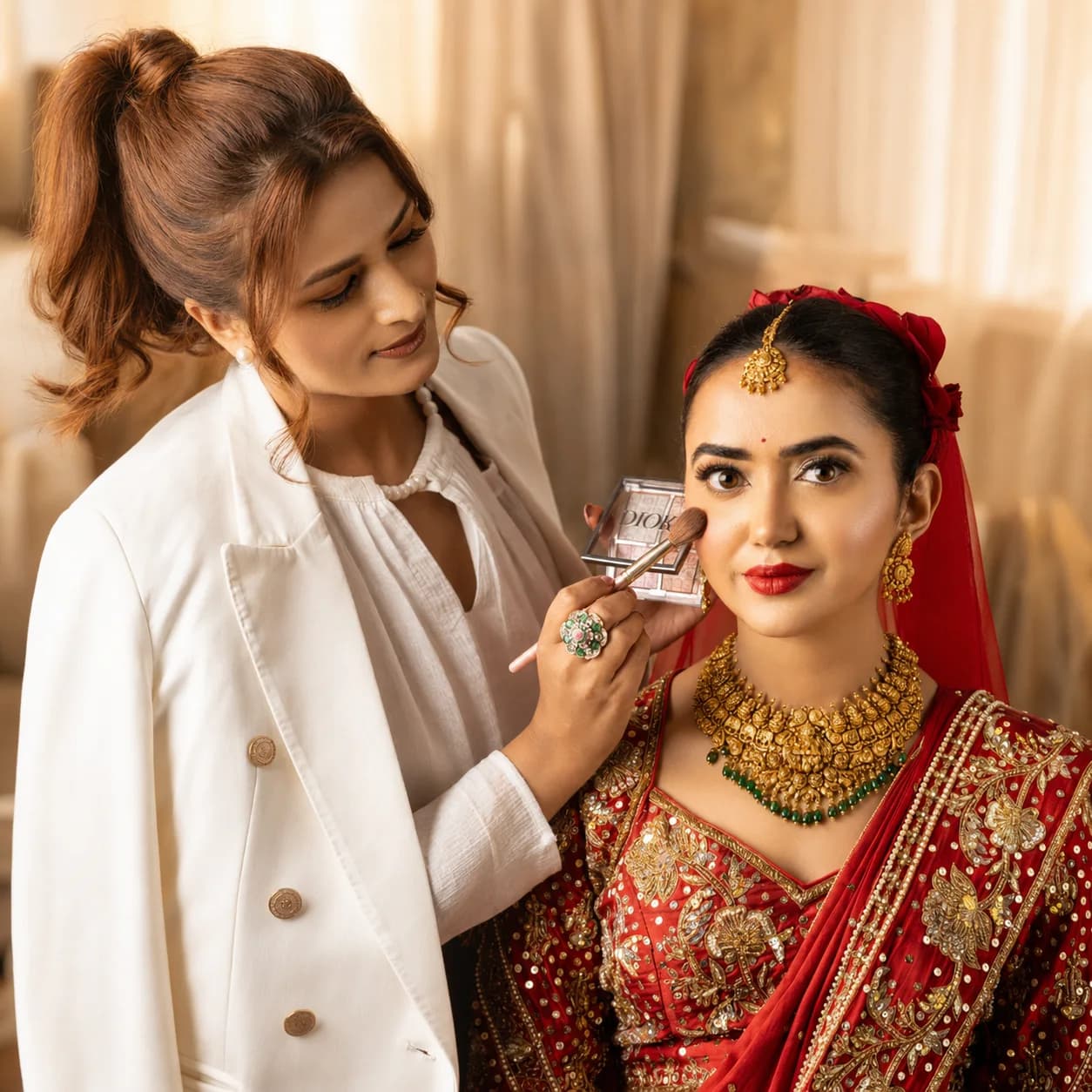 Janu perfecting the makeup of a bride in a red and gold lehenga