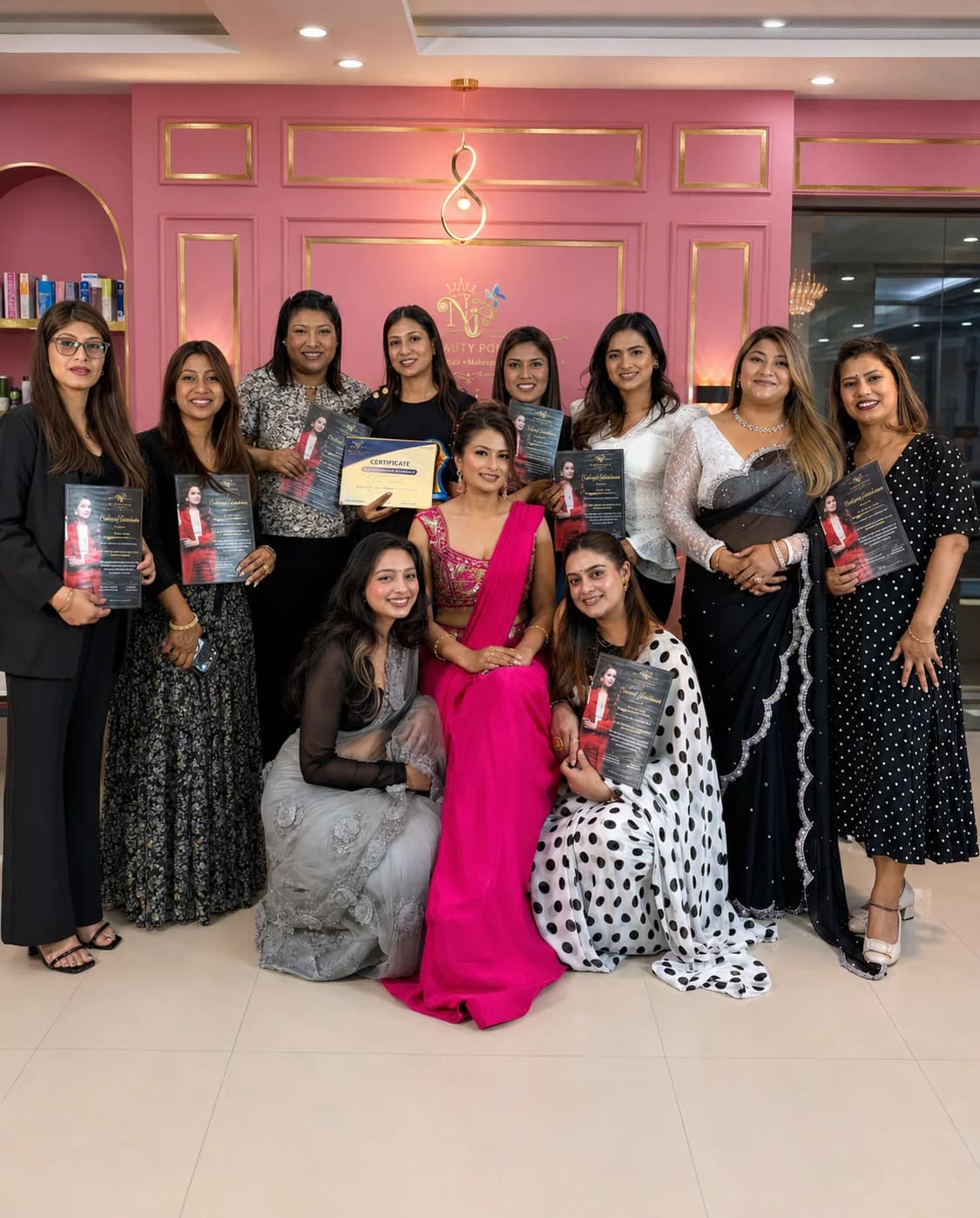 A workshop group photographed with their certificates in the pink NJS salon